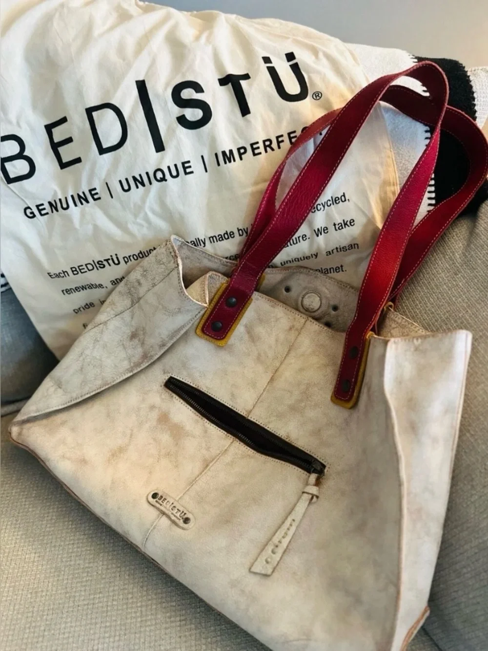 Bed Stu Arlington Cream Leather Tote with Red Handles